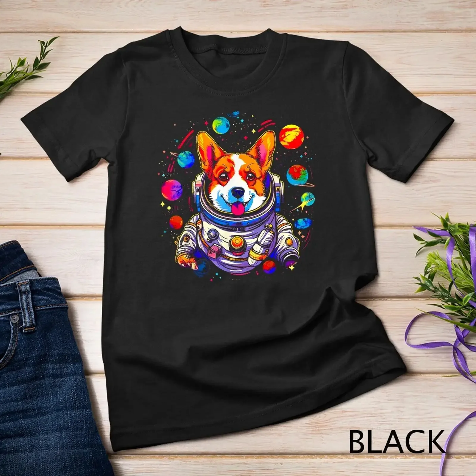 Dog Welsh Corgi Planet Space Astronaut T Shirt  vintage Washed designer clothes Breathable Versatile graphic homme Casual