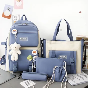 5PCS Kit Backpack Female Fashion Lady High Capacity Waterproof College Trendy Girls Laptop School Bags Cute Girl Travel Book Bag