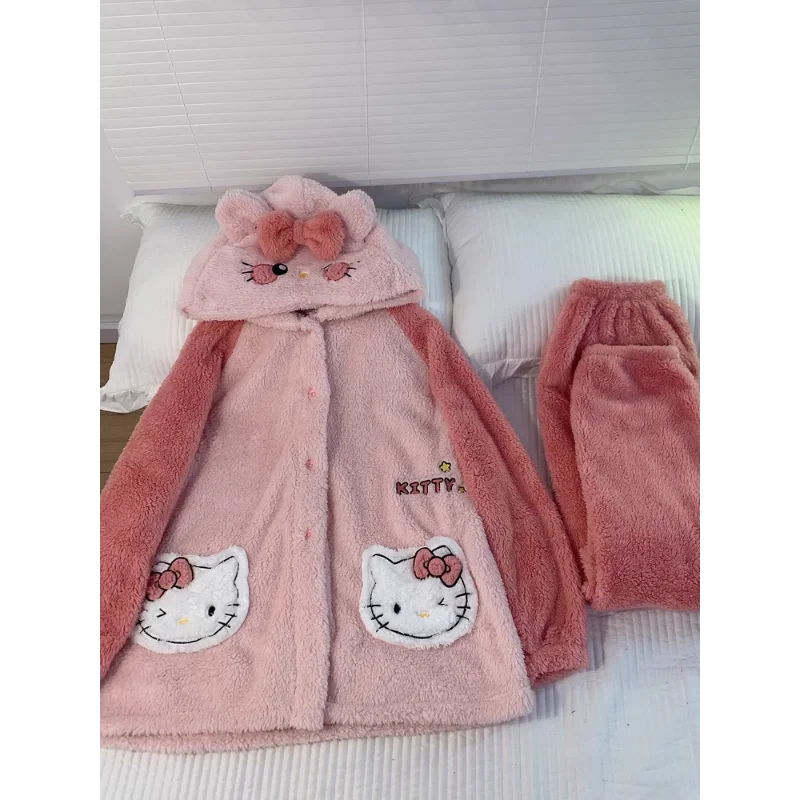 Sanrio Hello Kitty Pajamas Hooded Cardigan Pajamas Women\'s Autumn and Winter Coral Fleece Thickened Women\'s Pajamas Homewear Set