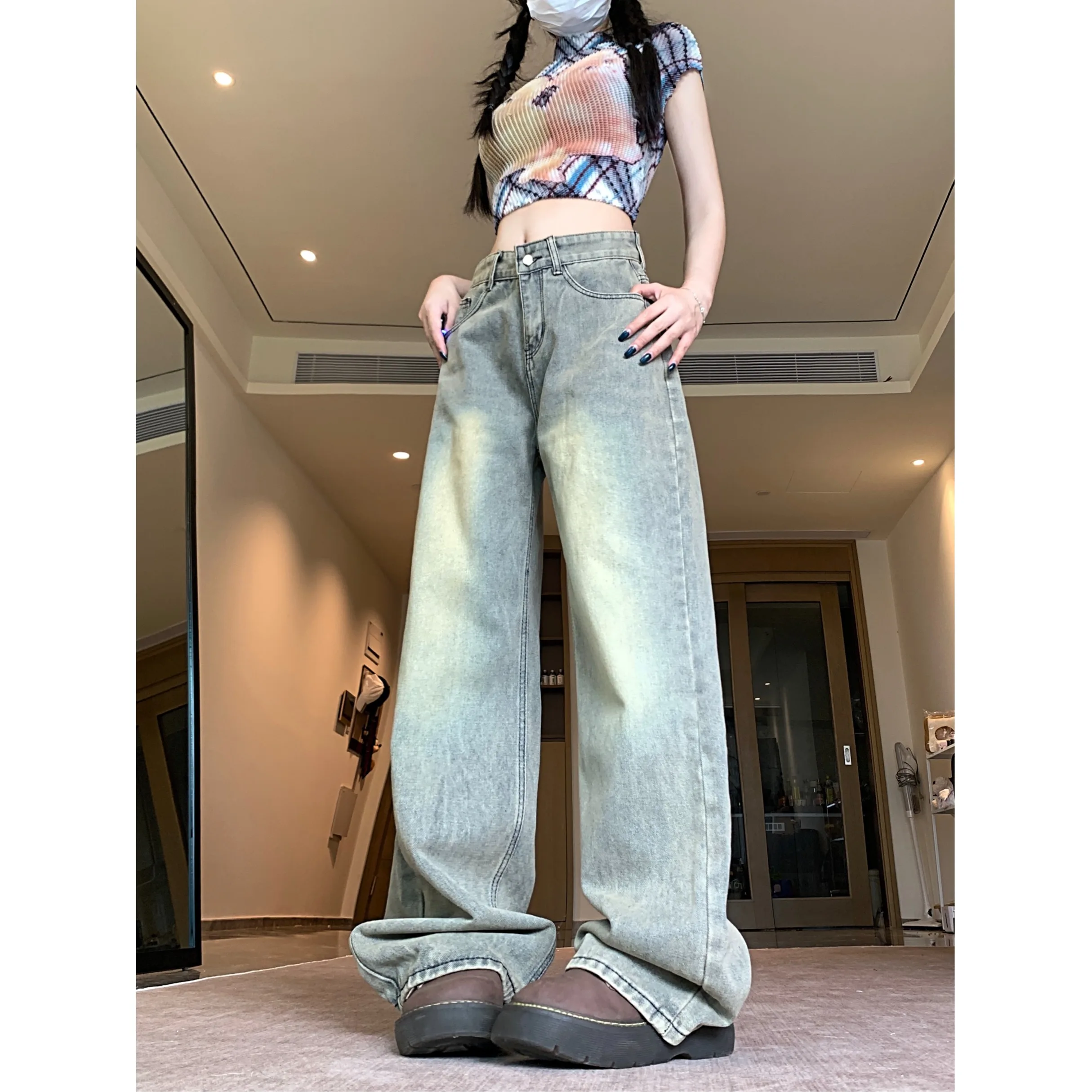 여성용 와이드 레그 청바지, 향수를 불러일으키는 아메리칸 스타일, 루즈핏, 슬리밍 및 다용도 스트레이트 레그 바닥 팬츠