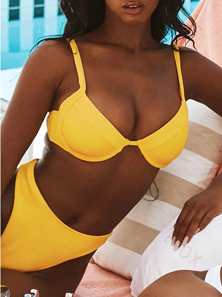 Sexy reggiseno a costine coppa Bikini a vita alta costume da bagno donna costumi da bagno donna due pezzi Bikini set Push Up Bather costume da bagno