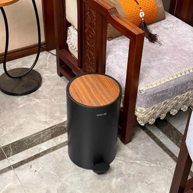 Vintage Walnut Wood Grain Trash Can, Mid-Century Step-On Pedal Waste Bin with Lid, Living Room Bedroom Bathroom Kitchen Bin