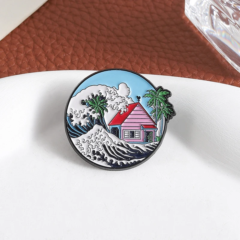 Classic Japanese Anime Enamel Pins Kanagawa Ukiyo-e Style The Great Wave House Metal Brooches Lapel Badge Jewelry Gift Friends