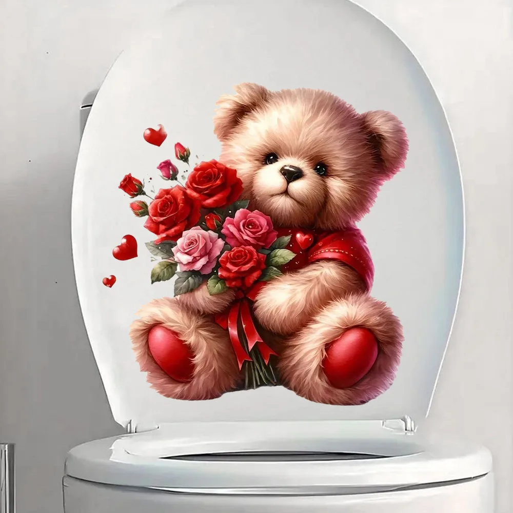 Rose-Bearing Teddy Bear Self-Adhesive Stickers, Bedroom Entryway Living Room Porch Home Decoration Wall Stickers