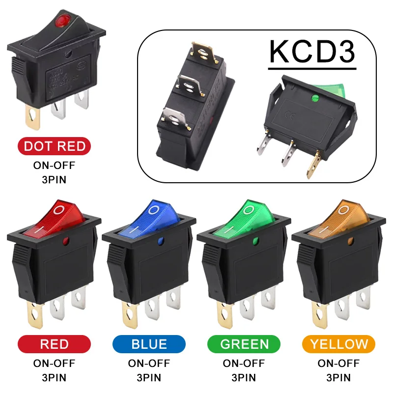 8Pcs KCD3 로커 스위치 도트 빨간색 ON-OFF 2 위치 3 핀 전기 장비 조명 전원 스위치 16A 250V / 20A 125V AC