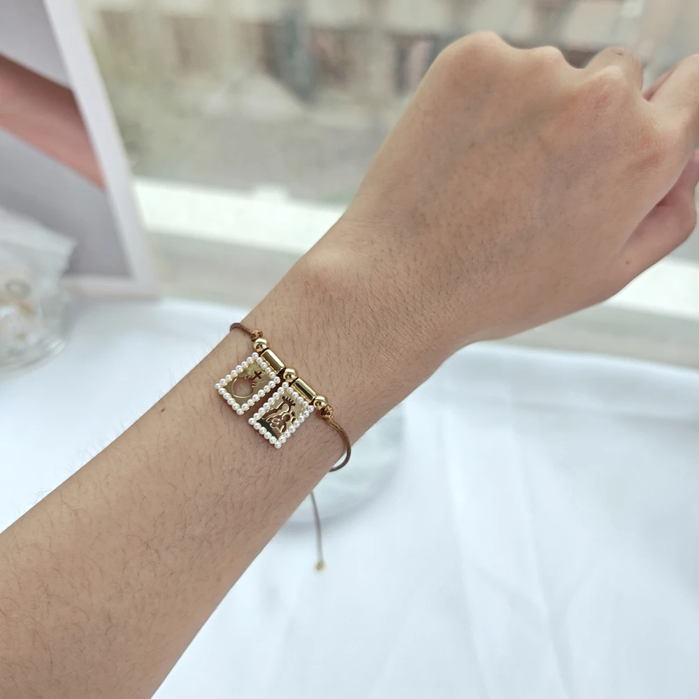 5 pcs/lot Best-Selling Scapula Charms Bracelets Gold Plated Brass Pearl Religious Pendant Thread Adjustable Bracelet For Women