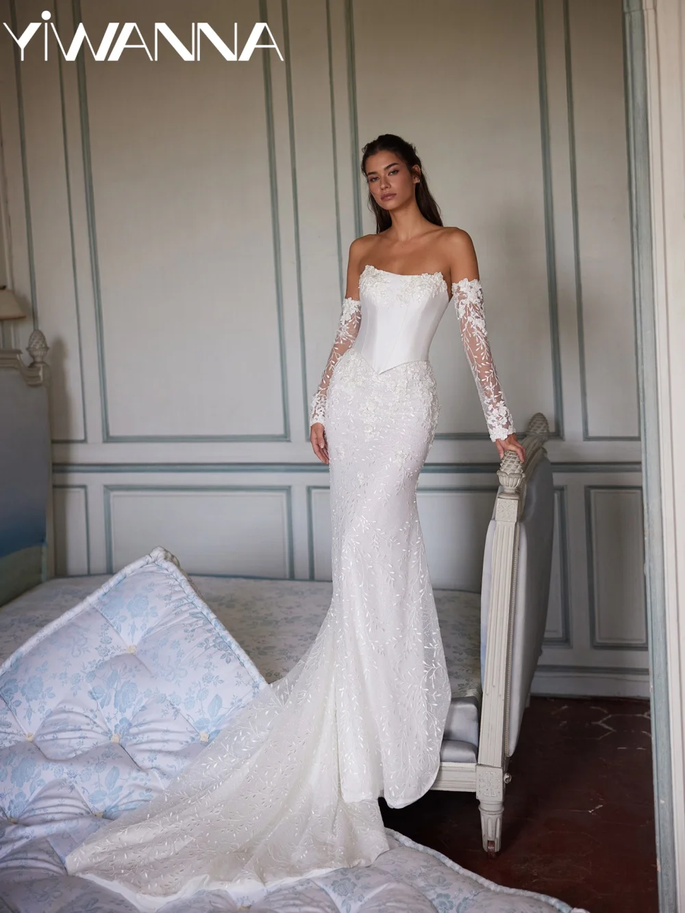 

Свадебное платье с корсетом и аппликациями из бисера, свадебное платье-русалка со съемными рукавами, длинные платья без бретелек на заказ для невесты