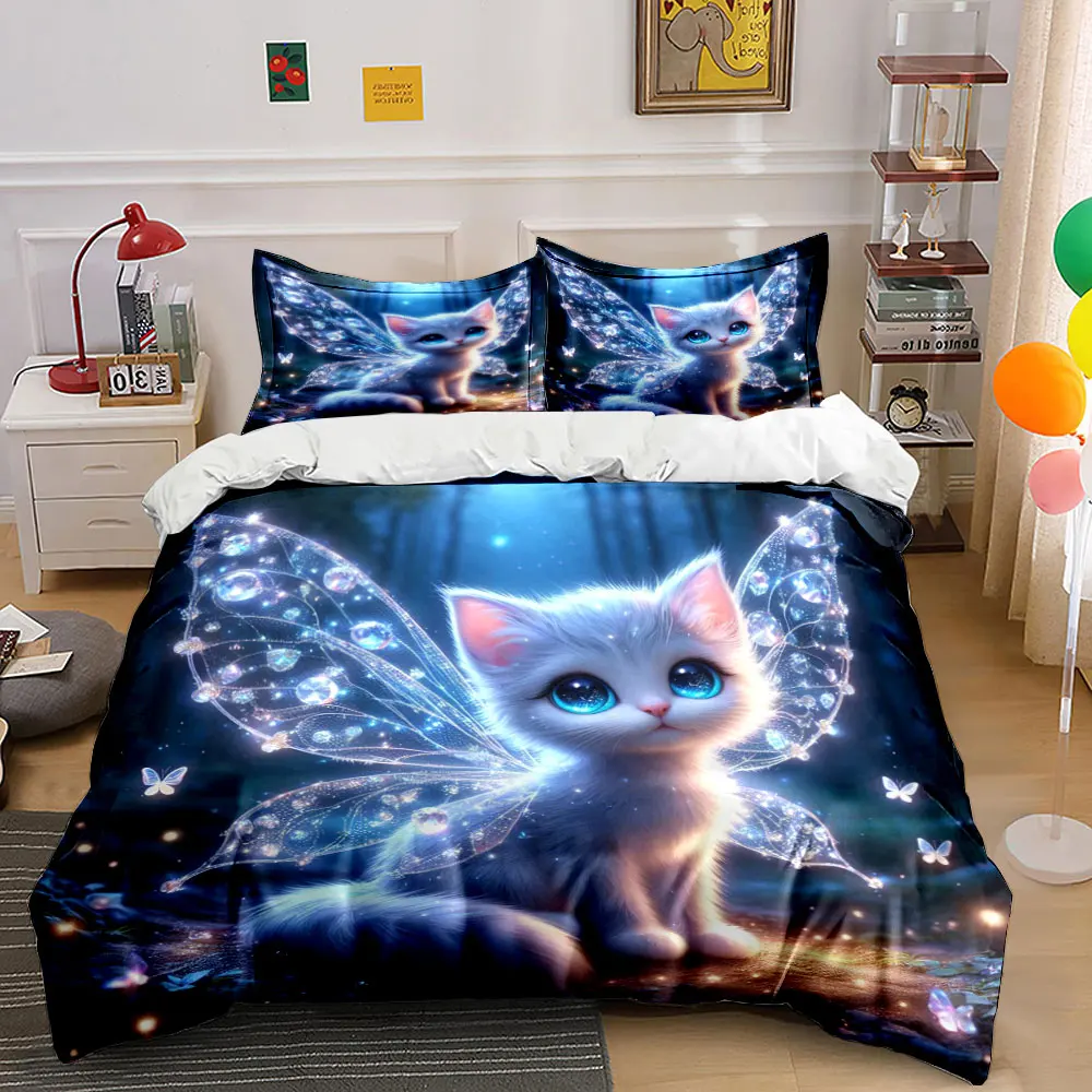 Mystical fairy cat in glowing forest Printed Duvet Cover Set1 Duvet Cover+2 PillowcaseMulti Size Bedroom Bedding Decor