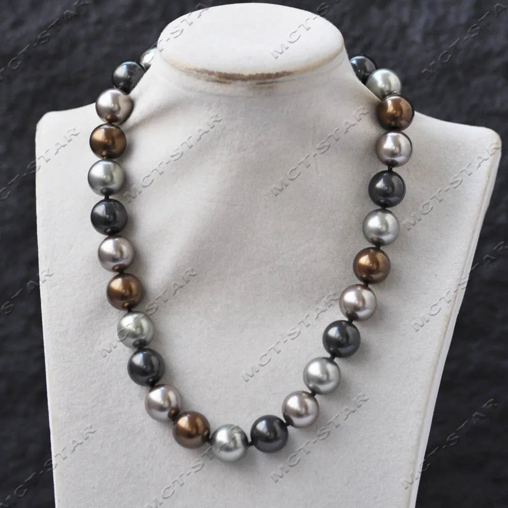 MCT·STAR Set 17'' 14mm Coffee Black Champagne Round South Sea Shell Pearl Necklace Dangle Earring CZ（Z14035 ）