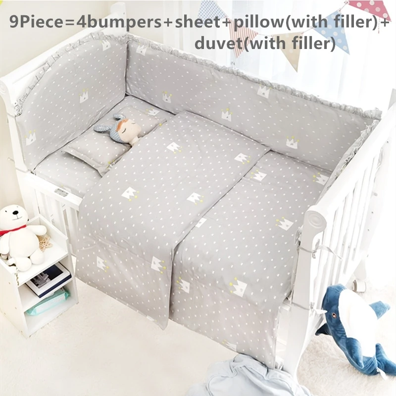 

6/9PCS Cotton Newborn Breathable Baby Boys Crib Bedding Set Printed Nursery Bedding Set 4Bumper Duvet Sheet Pillow