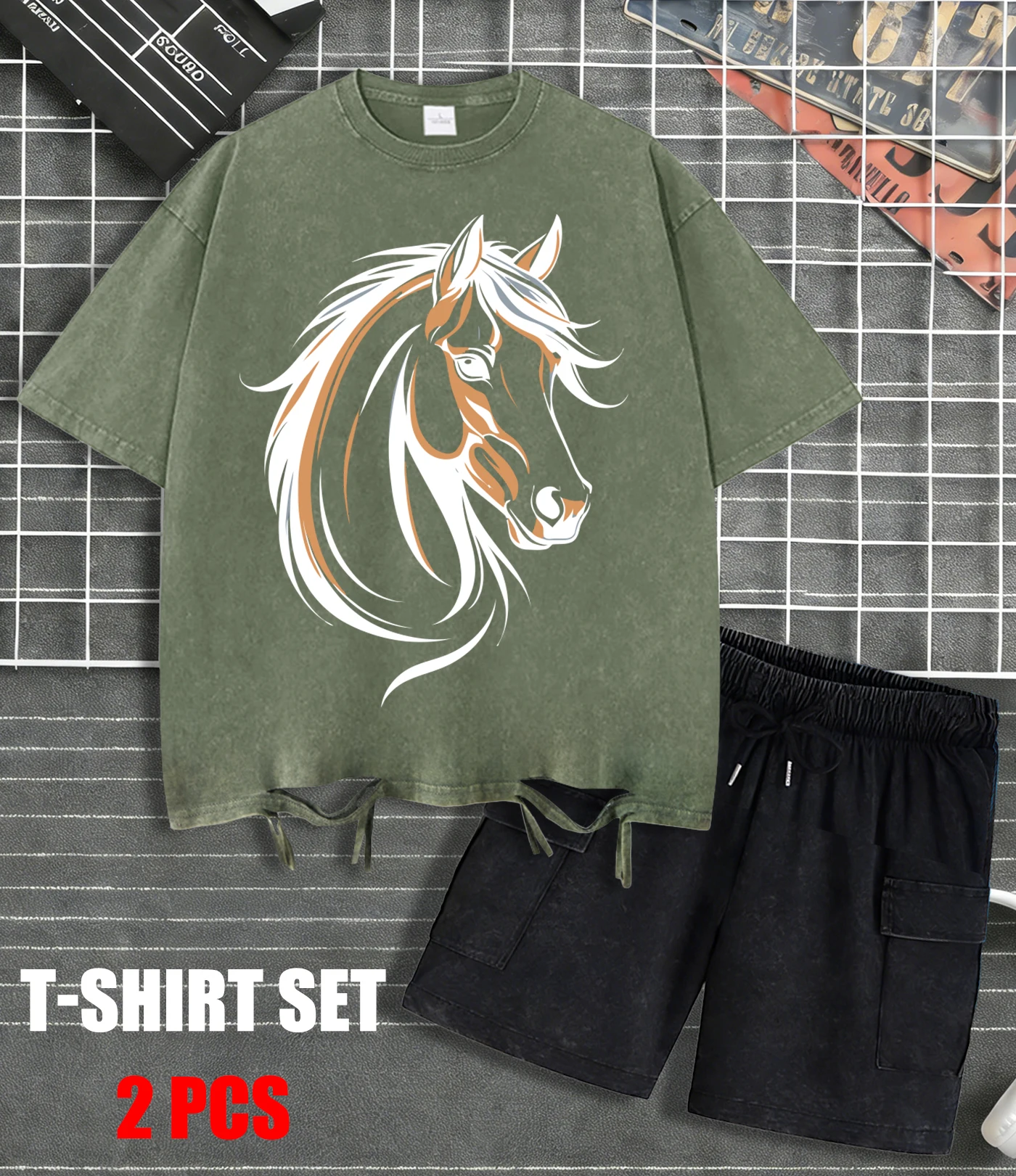 

Cool Silhouette Of A Horse Print Snow Wash Mens Tee Summer New T-Shirt Set Soft Trendy Washed Clothes Unisex Cotton O-Neck Tops