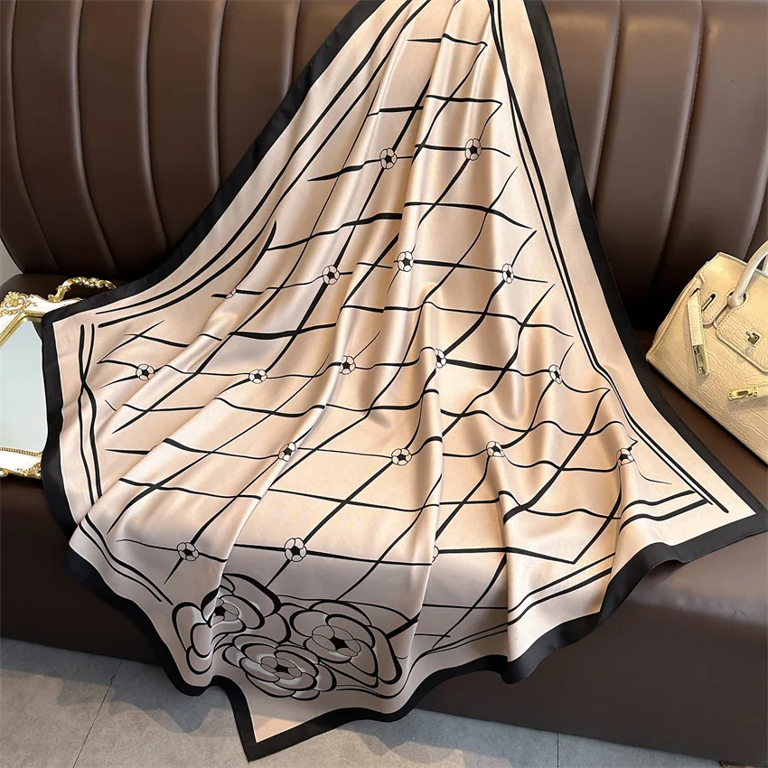 90*90cm Silk Scarves Women Print Satin Square Head Hijab Ladies Luxury Shawl Bandanna Female Muffler Chiffen Wrap Foulard Ribbon