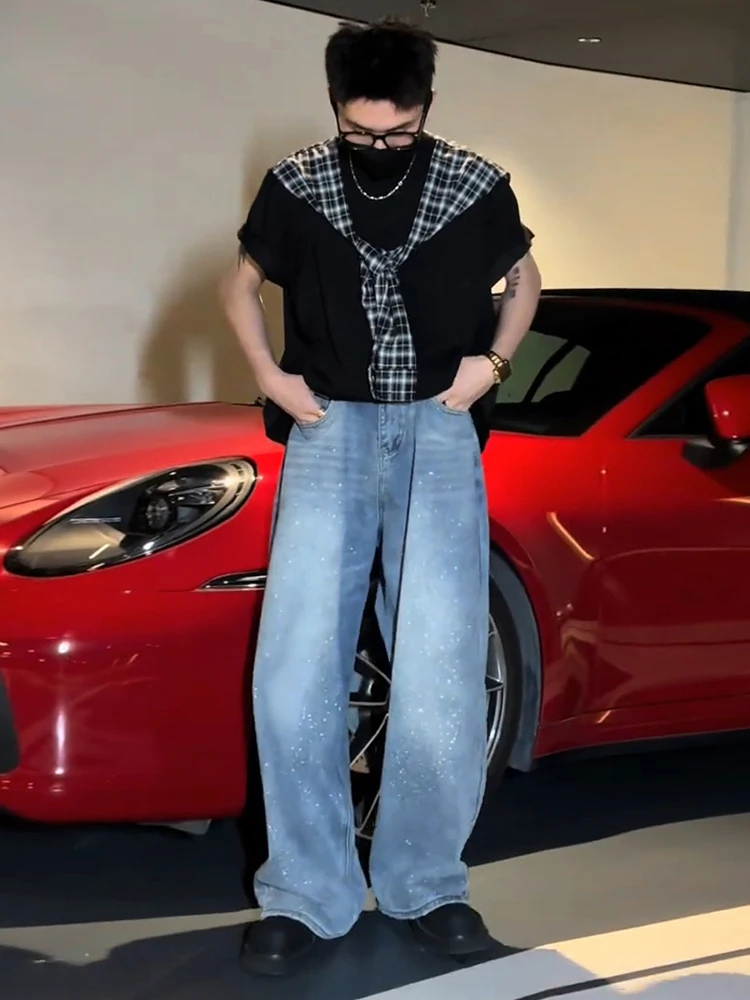 Men's 2025 Summer New Hot Diamond Jeans Wide-leg Chic Denim Pants Loose Straight Fashion Pocket Decoration Retro Denim Trousers