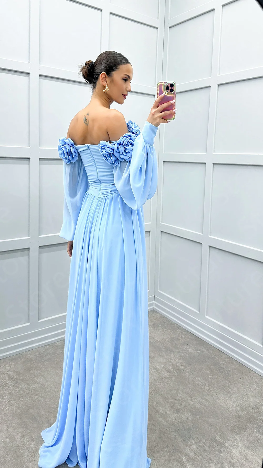 Charming Sky Blue Prom Dresses 2024 Off Shoulder Long Sleeves Homecoming Gowns Thigh Slit Boho Wedding Party Dress Beach Flowers