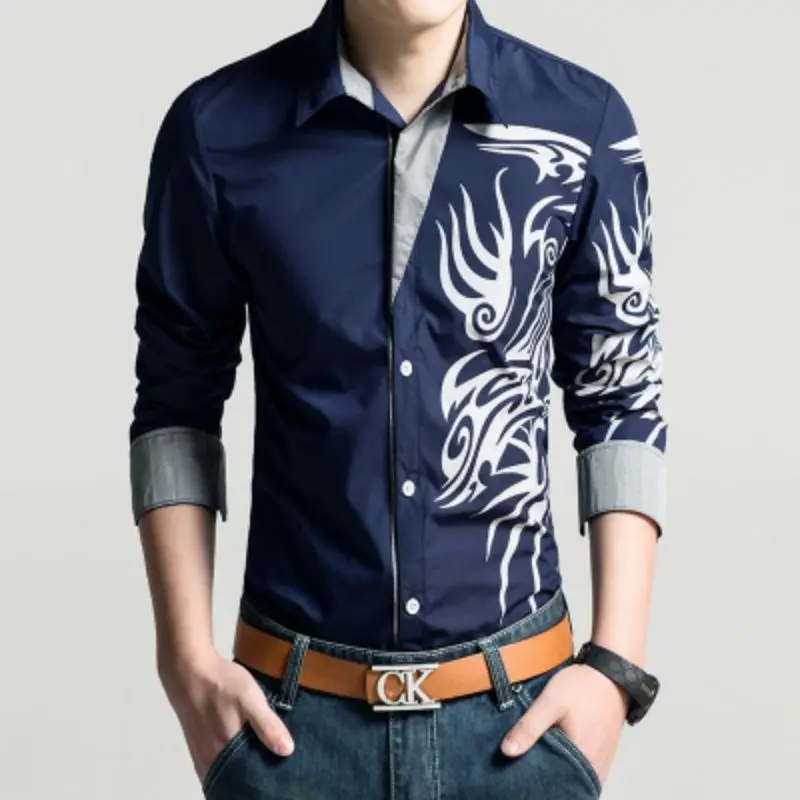 

Men Vintage Chinese Style Dragon Print Single Breasted Shirts Spring Autumn Trendy Lapel Slim Long Sleeve Tops Camisas De Hombre