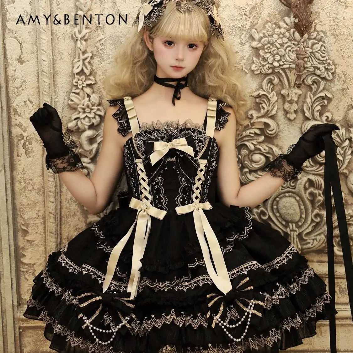 

New Hot Sale Gothic Style Dark Series Banquet Black White Bow Lace Lolita Strap Dress Versatile Hairband Two-Piece Set