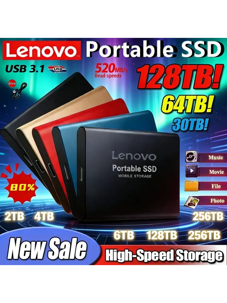 Lenovo 256TB SSD Hochgeschwindigkeits-SSD USB 3.0 Gehäuse Mobile Festplattenhülle für SSD Externe Speicher-HDD-Box Mit USB3.0-Kabel ABS