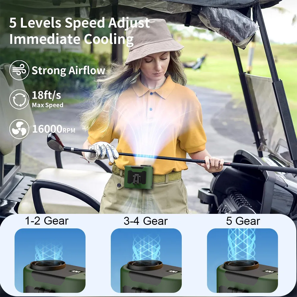 مروحة خصر محمولة للتخييم مع بنك طاقة إضاءة، مروحة رقبة صغيرة محمولة قابلة لإعادة الشحن عالية السرعة للتخييم في الهواء الطلق والسفر