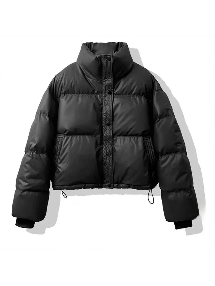 Women's ort PU Leather Cotton Jaet Bread Sle Coat Korean Version Loose Fit Winter Warm Thiened Zipper Closure Pure Color