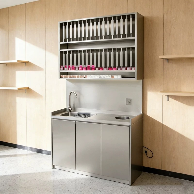 Stainless steel haircut and dye cream shelf integrated locker, hairdressing workbench