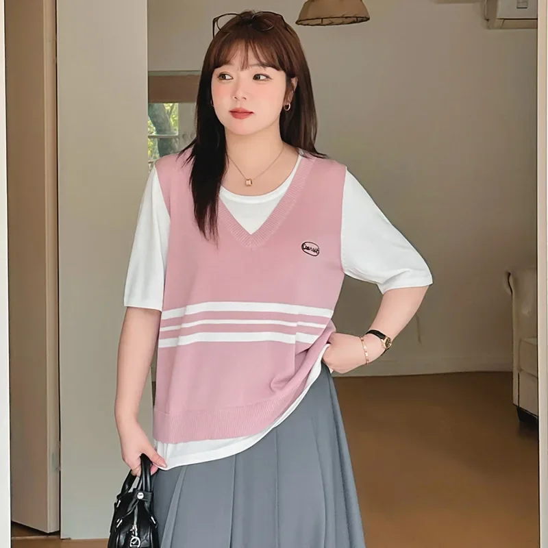 Plump Women Knitted Short-sleeved T-shirts Plus Size College Style Contrasting Fake Two-piece Tops Spring Baggy Summer Navy Blue