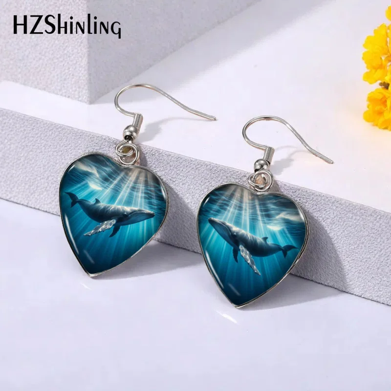 Fashionable deep-sea whale Heart French Hook Earrings Stainless Steel Dangle Earrings Glass Handmade Craft Jewelry