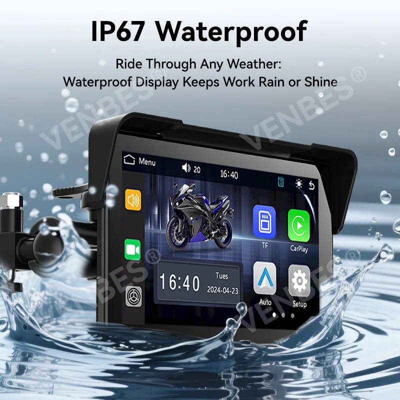 VENBES Motorcycle GPS Navigation Wireless Android Auto Carplay 7 Inch Waterproof Bluetooth Daul DVR IPS Touchscreen