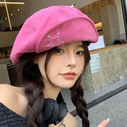 Y2k Sweet Star Design Berets Caps for Women Spring Summer Korean Version of The New Personalized Harajuku Painter Cloud Hats