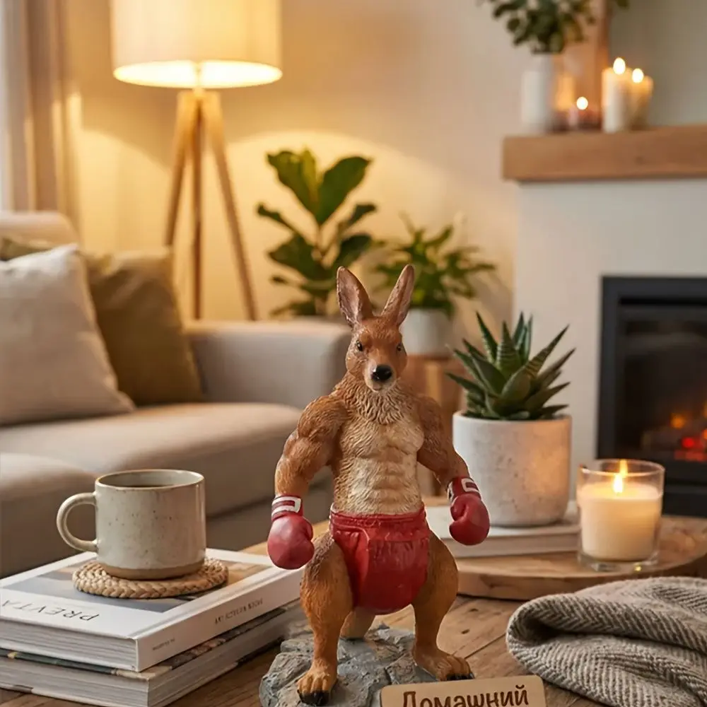 Action Boxing Kangaroo Bear Resin Statue, Playful Animal Sculpture for Desk Shelf Wine Cabinet, Unique Home Office Decor Gift