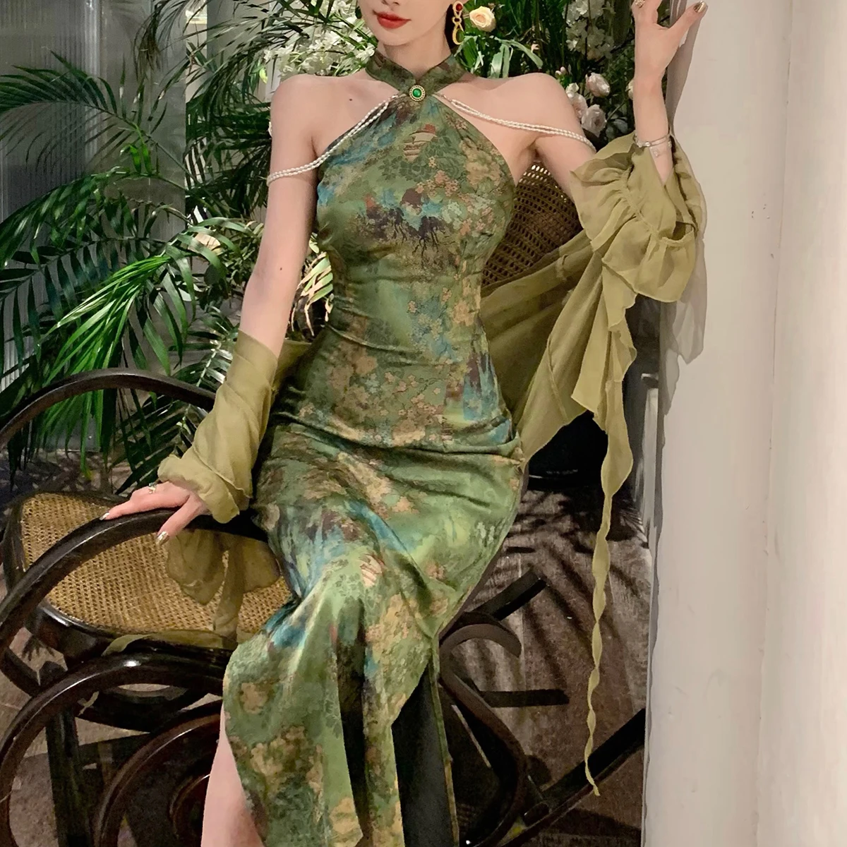 Sexy Improved Chinese Dress Women Off Shoulder Cheongsams New Chinese Style Qipao Long Female Vestidos Vintage Green Dresses