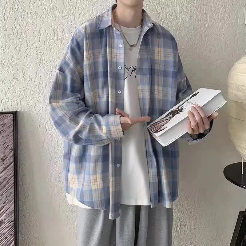 Men's Oversized Pink Plaid Flannel Shirt Long Sleeve Casual Streetwear Button Down Top For Men Spring Autumn Loose Fit