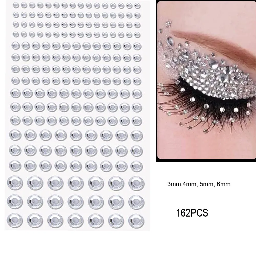 162Pcs/Sheet 3D Pearl Rhinestones Face Stickers Mini Crystal Diamond & Pearl Gemstone Tattoo Decals for Makeup Eye Photo Props