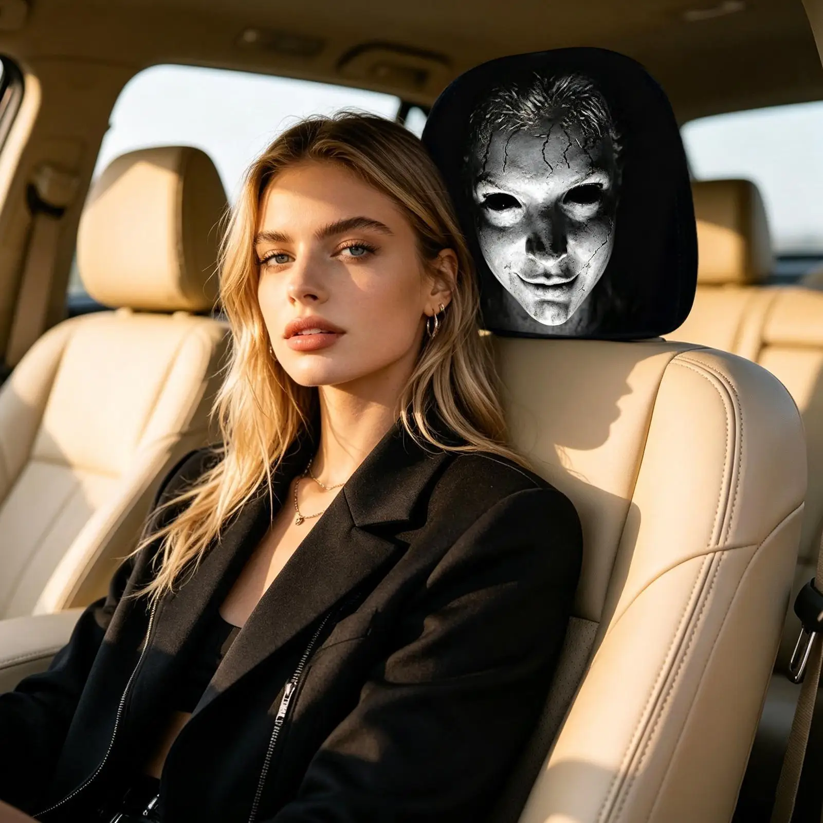 Headrest Covers For Car Ghost Face Breathable Full-Coverage Protector 2-Piece Full Face Car Headrest Cover For Automotive SUV RV