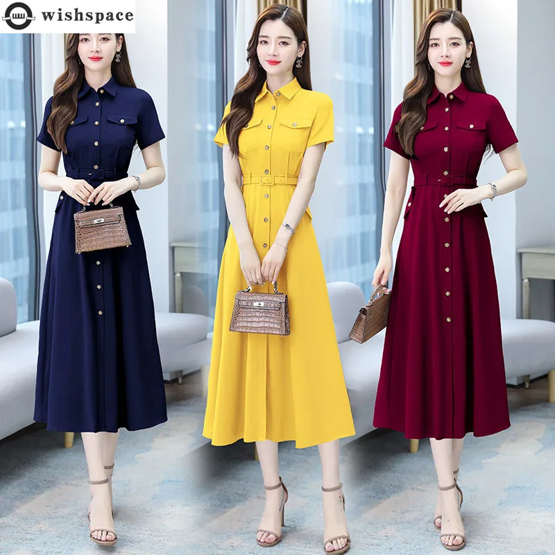 

Korean Fashion Vintage Shirt Collar Elegant Women's Dress Simple Sunscreen Sundress Button Decorative Robe Short Sleeve Vestido