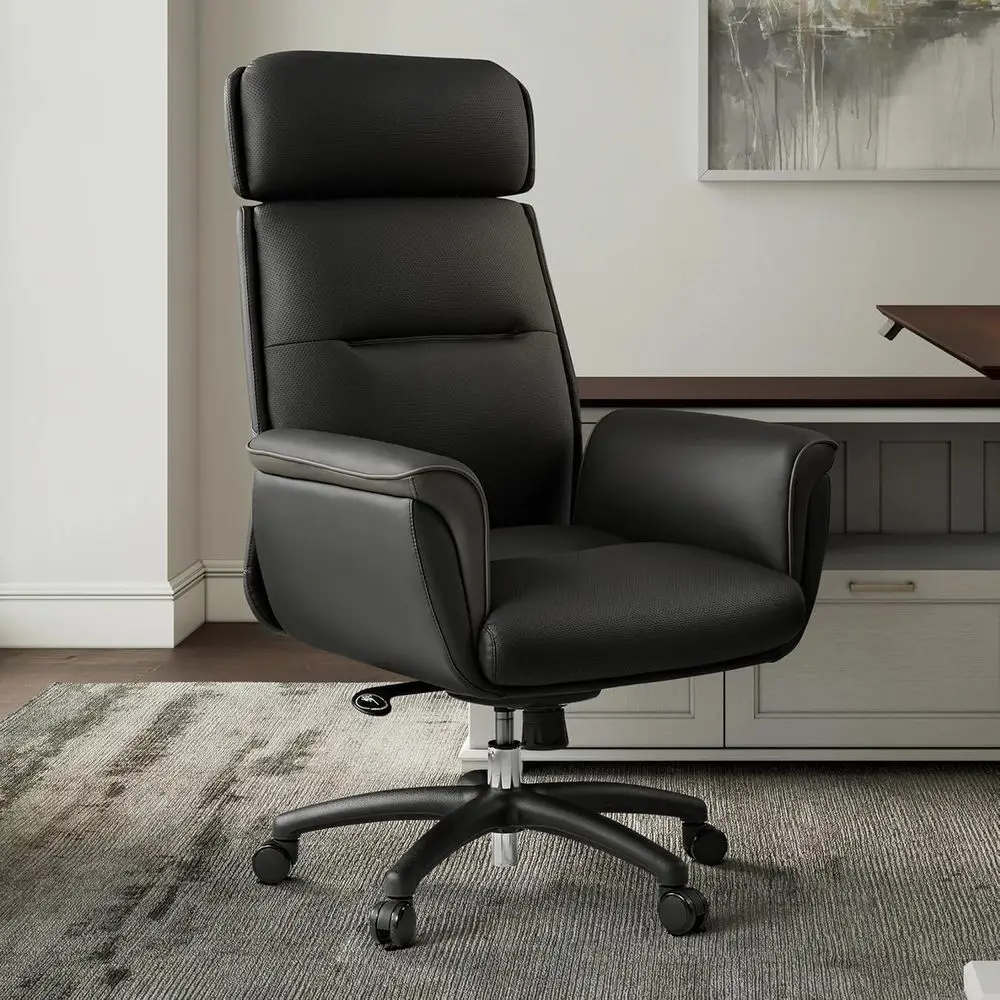 

Ergonomic High-Back Leather Office Chair with 360° Swivel and Lumbar Support for Executive Desk or Home Workshop - Black