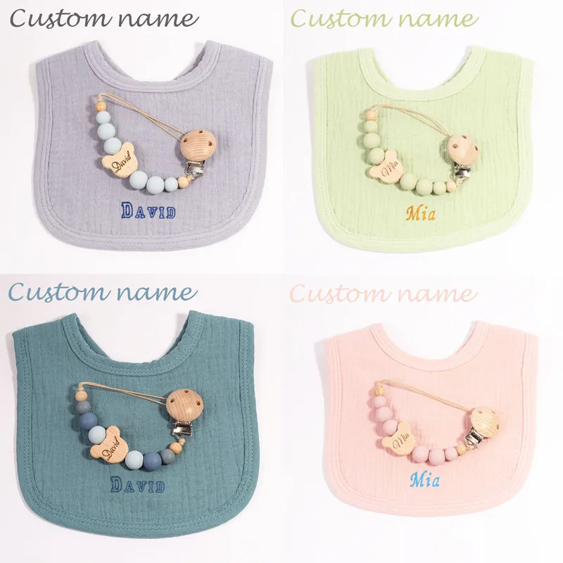 Personalised Baby Bibs and Pacifier Chain Set Custom Embroidery Name Cotton Infant Saliva Towel Bib Baptism Baby Shower Gifts