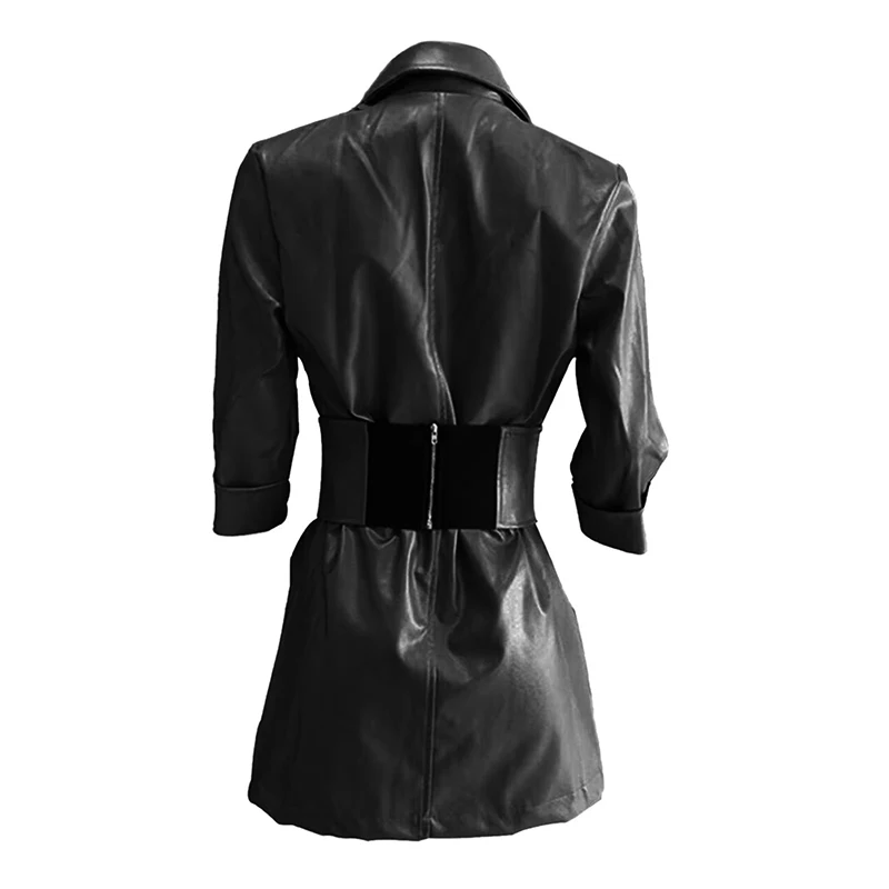 女性用ベルト付き合成皮革ドレス,ベルト付きVネックドレス,ウエストクロージャー,ミドル丈,タートルネック,エレガント,セクシー,トレンド