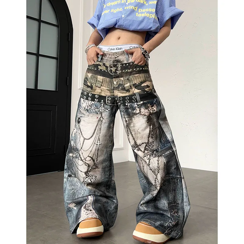 Unisex American High‑Street 3D Digital Chain Print Jeans Lady Vintage Washed Unique Wide Leg Hip‑hop Denim Long Trousers