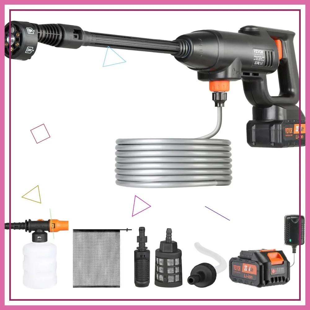 เครื่องฉีดน้ำแรงดันสูงไร้สาย, เครื่องทำความสะอาดแบบพกพาพร้อมแบตเตอรี่ 4.0Ah, หัวฉีด 6-in-1 สำหรับทำความสะอาดบ้านและรถยนต์