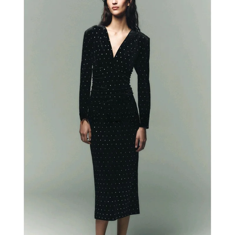 Winter Nieuwe Dames Fluwelen Midi Dr V-Ne Lange Sve iny Kraal Decoratie Pendelen Sle Polyestervezel Slim Fit Dr