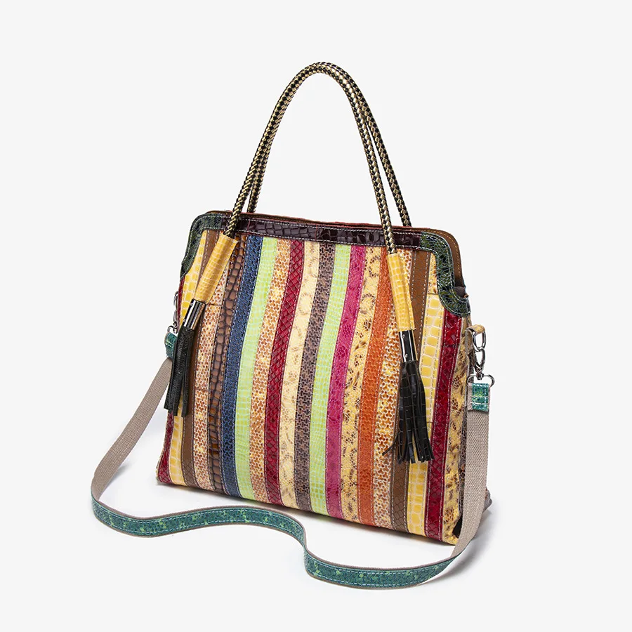 

2025 New Genuine Leather Women's Handbags Colorful Cowhide Tassel Shoulder Messenger Bag, Large-capacity Tote Bags