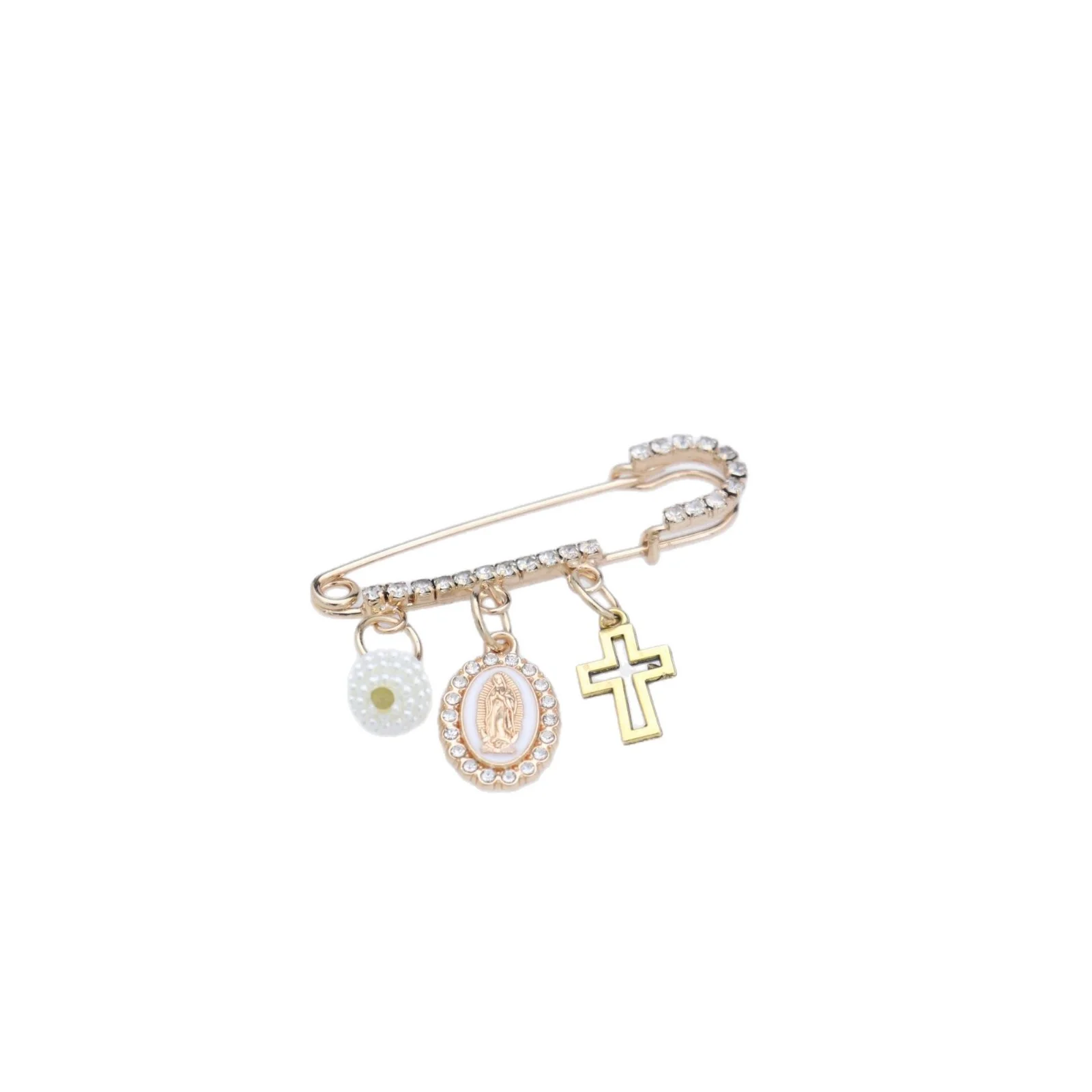 10pcs Pin Brooch Virgin Mary Cross Pearl Pendant Religious Catholic Lapel Pin For Women Clothes