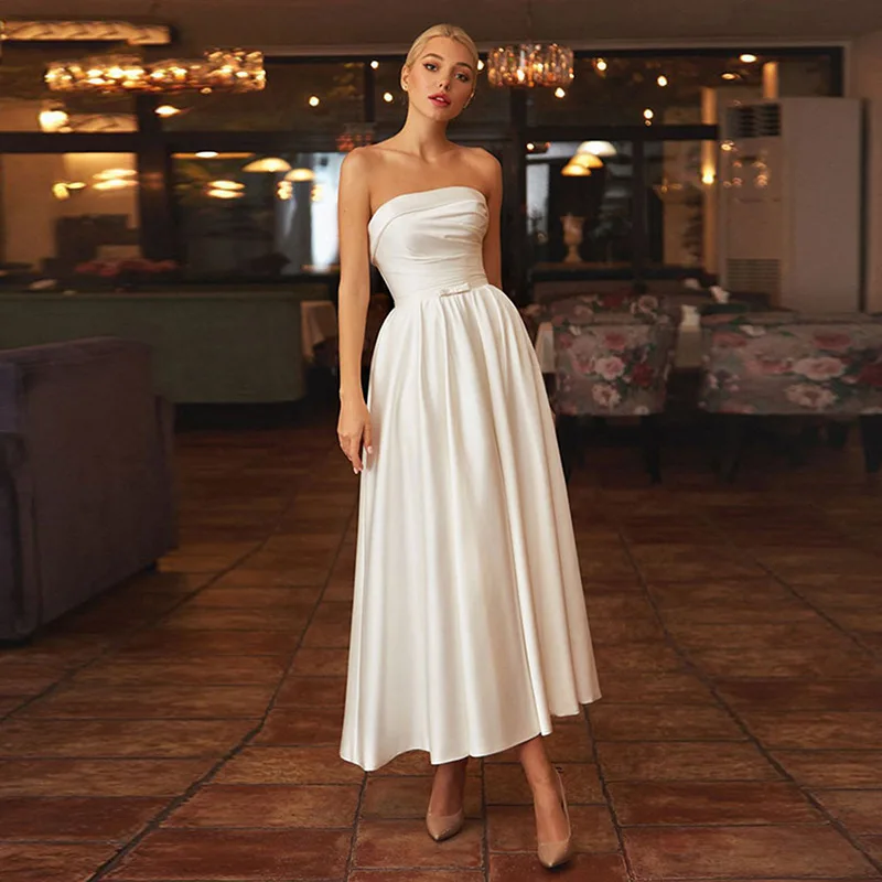 Morden White Party Formal Evening Gown Women A Line Sleeveless Stain Vestidos de Gala  Mid -Length Morden Bridesmaid Dresses