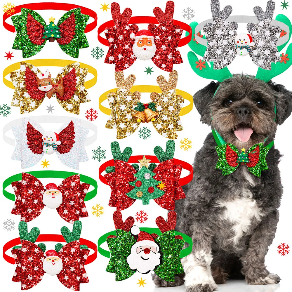 20PCS Christmas Small Dog Cat Bow Ties Shine New Year Dog Puppy Bowties Collar Dogs Pet Grooming For Christmas Accessories