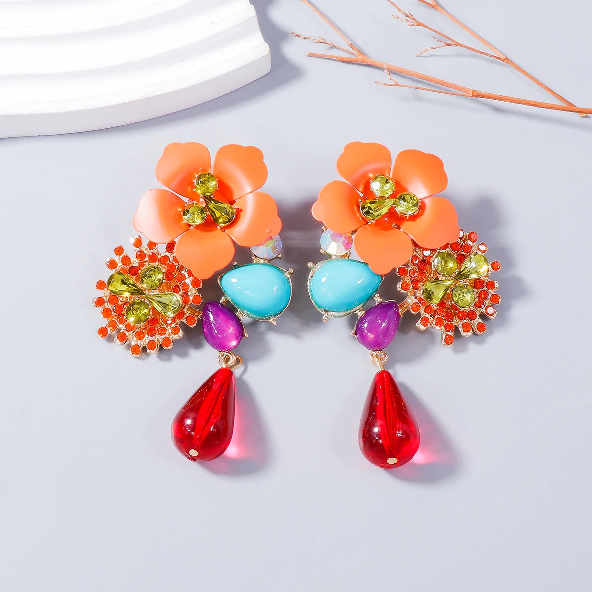 ZAA Exaggerated Colorful Resin Flower Water Drop Shape Long Drop Earrings for Women Vintage Statement Jewelry Gifts