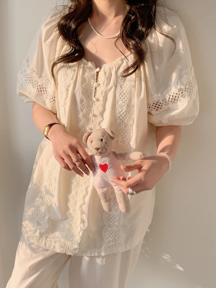 elegant-lace-embroidery-pure-cotton-sleepwear-women's-short-sleeve-long-pants-home-clothes-princess-style-spring-summer-thin