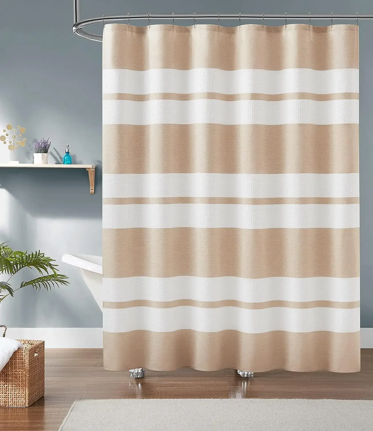 Striped geometry shower curtain, modern printed long waffle geometry minimalist farmhouse mix stripes, bathroom trim with hooks