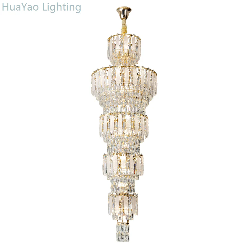 Duplex Villa Living Room Crystal Light Lobby Empty Chandelier Building Middle Building Simple Spiral Staircase Long Chandelier