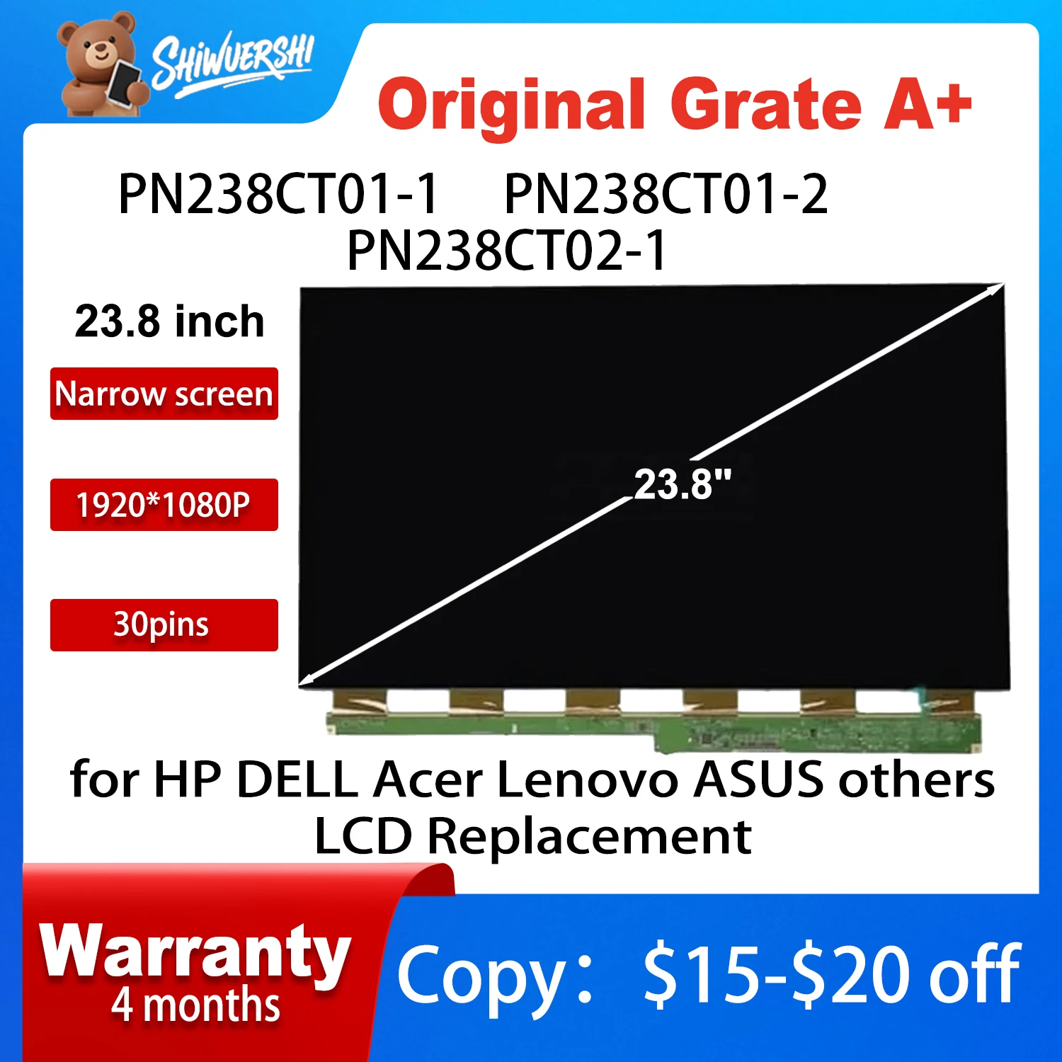 

Оригинальный 23,8-дюймовый PN238CT01-1 PN238CT01-2 PN238CT01-3 ЖК-экран стеклянный монитор 1920 × 1080 FHD 30 контактов