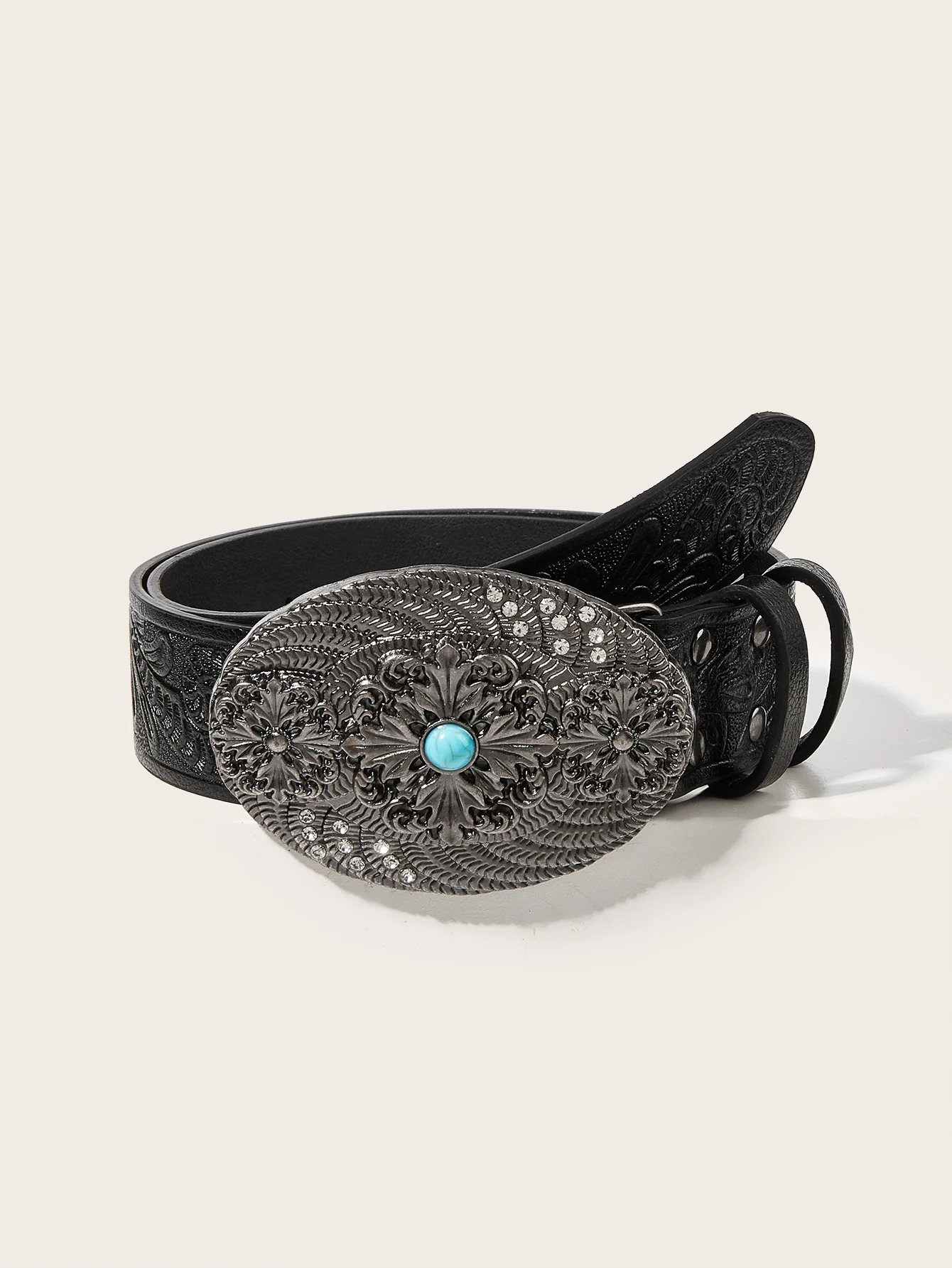 1pc Women Black Western Belt PU Leather Embossed Waist Belt With Turquoise Buckle For Jeans Dress Festival